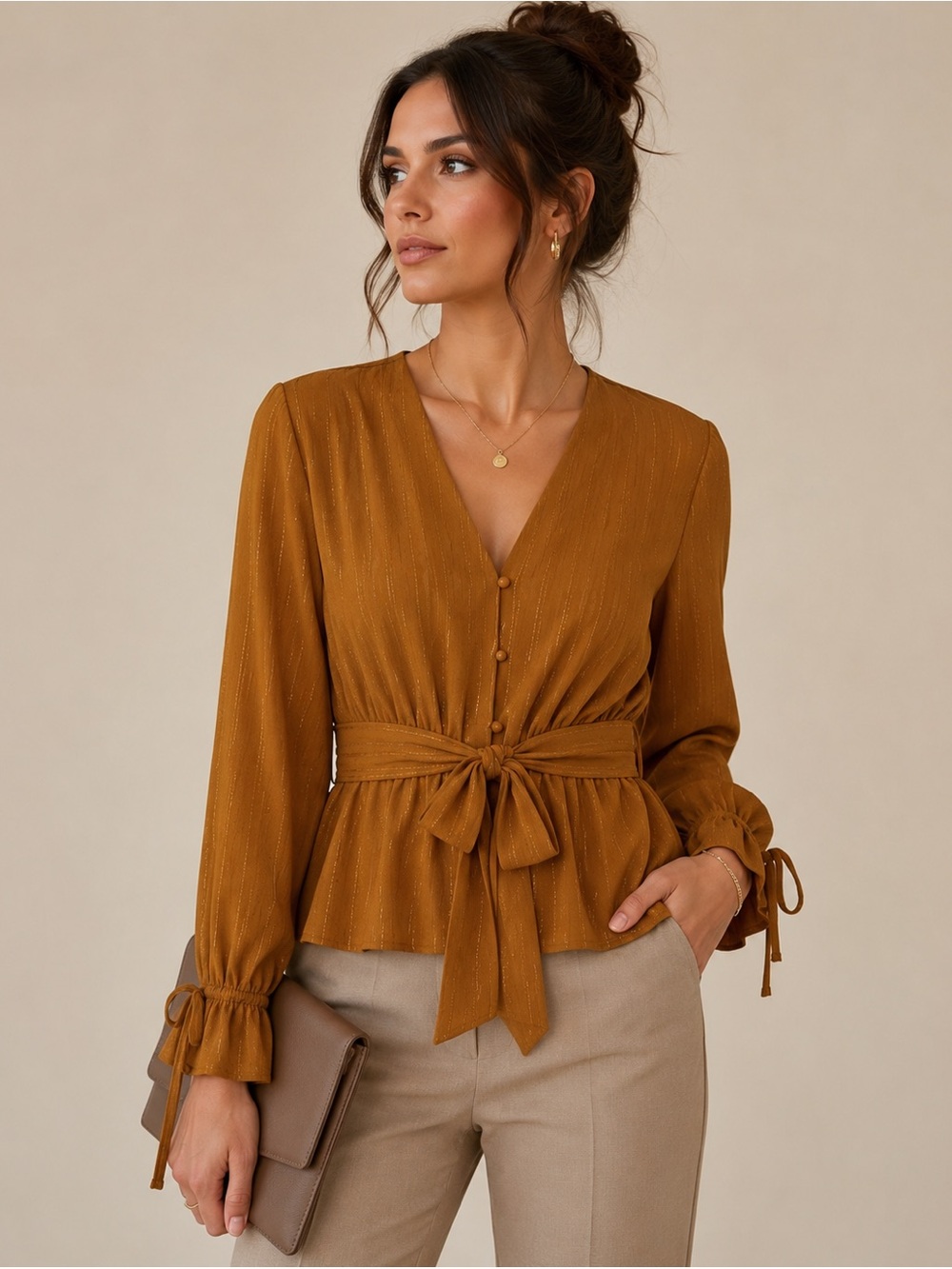 LUMIERE • rust blouse with tie front and metallic details balloon sleeves size S